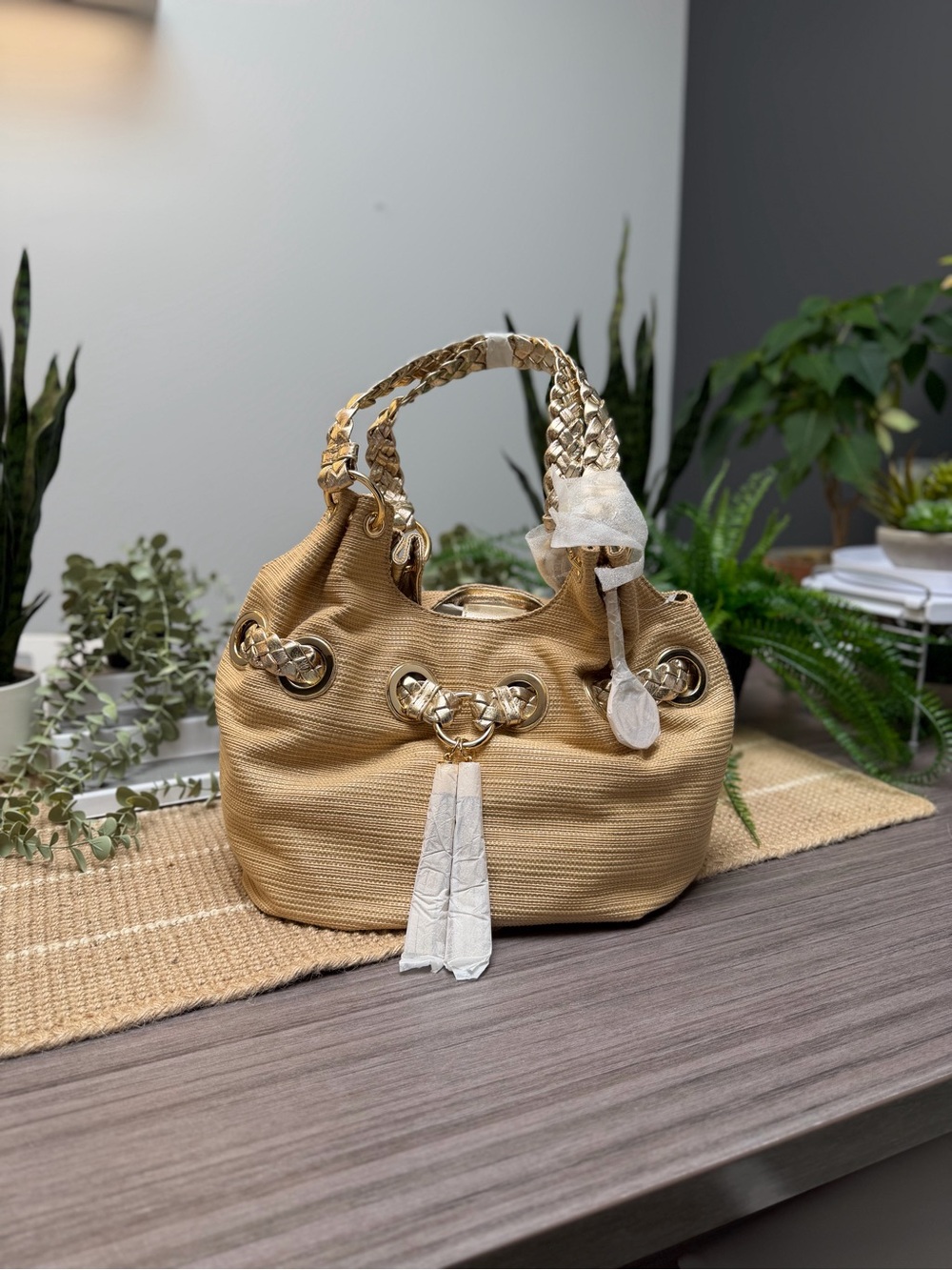NWT Michael Kors Braided Grommet Large Hobo Bag Gold Beige MSRP $398